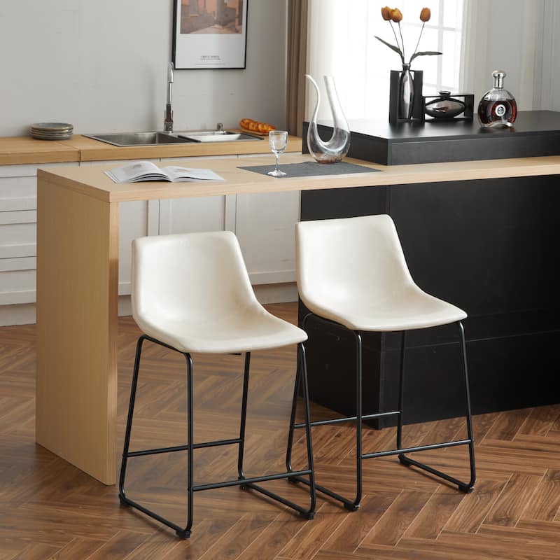 Faux Leather Bar Stools Set of 2, Counter Height Bar Stool with Back, Kitchen Island Chairs with Metal Legs and Footrest