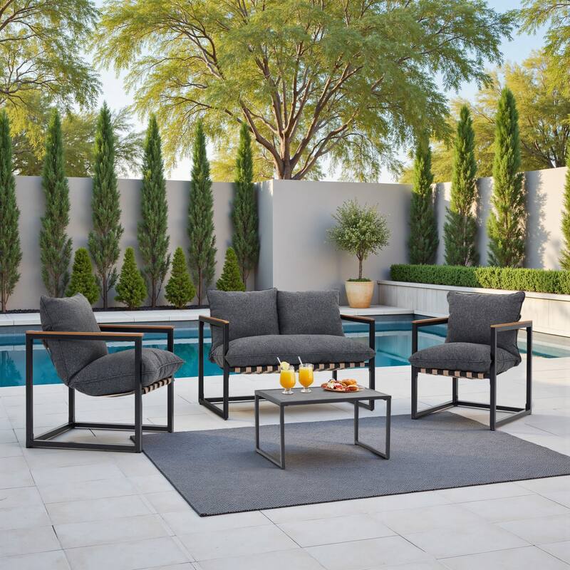 4 Piece All Weather Webbing Patio Conversation Set Outdoor Sofa Set with Washable Cushions and Chairs
