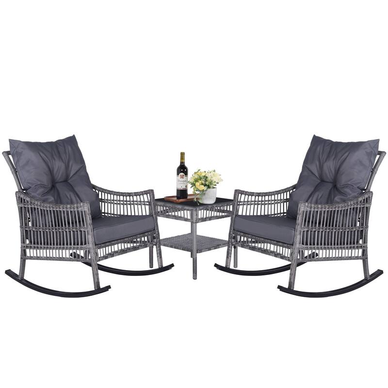 VEIKOUS 3-Piece Patio Wicker Outdoor Rocking Chair Set with Cushions and Pillows - Grey