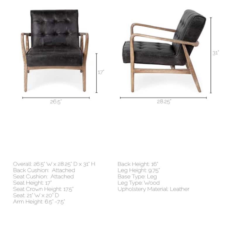 Phineas Black Genuine Leather & Brown Solid Wood Frame Accent Chair