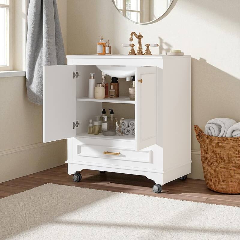30" Bathroom Vanity with Ceramic Sink, Solid Wood Frame, 2 Soft-Close Doors, Storage Cabinet with Shelf