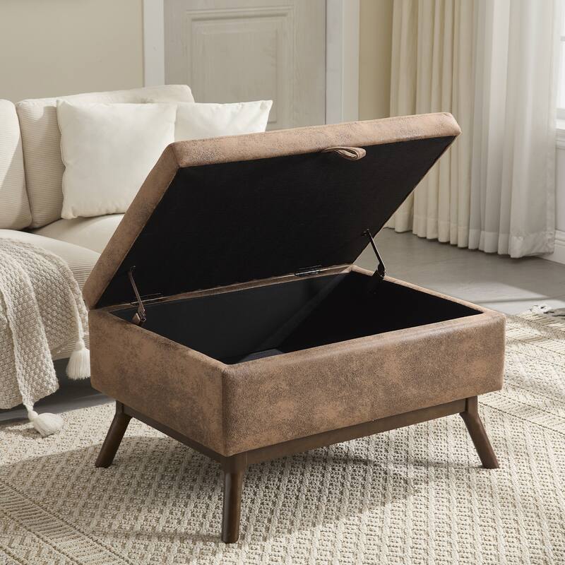 Mid-Century Modern Storage Ottoman, Square Upholstered Coffee Table, Shoe Bench with Hidden Storage & Wood Legs