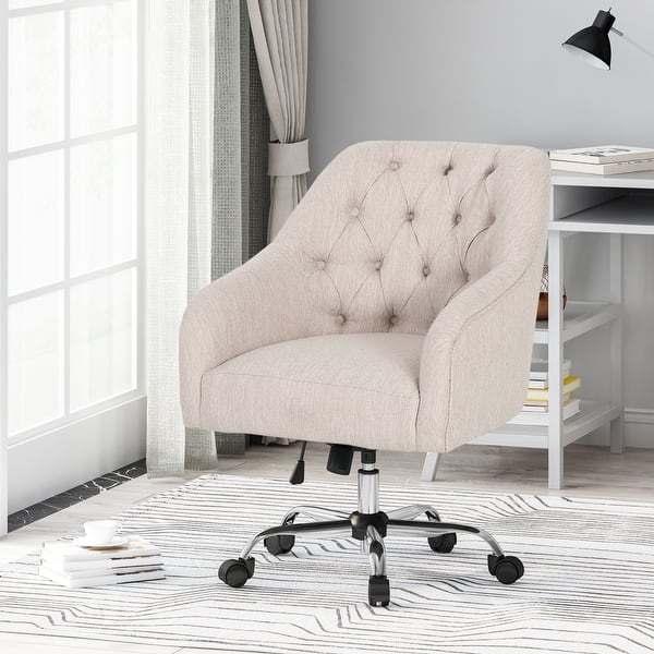 slide 2 of 10, Home Office Chair with Curved Backrest, Adjustable Height Button Tufting Dressing Stool, Upholstered Work Stool with Wheels Beige