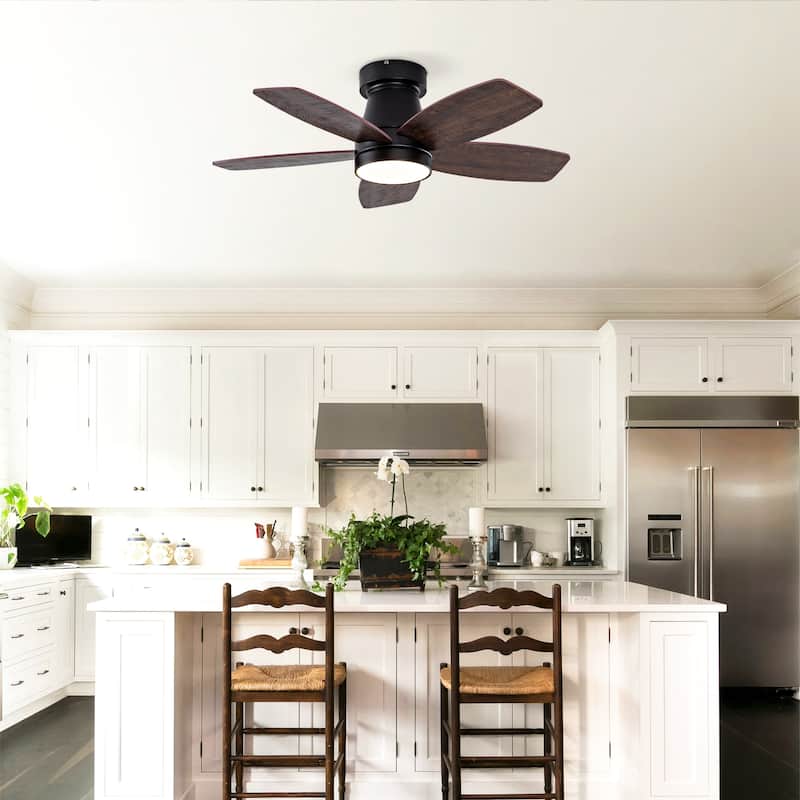 Ceiling Fans with Lights and Remote, 32 Inch Low Profile Ceiling Fan with Light, Flush Mount, Reversible - Black + Dark Walnut