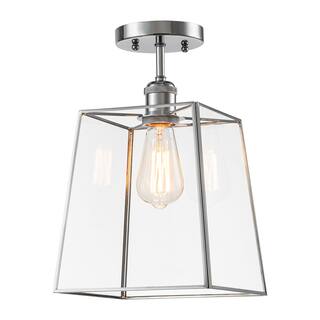 C Cattleya 1-Light Black/Chrome Semi-Flush Mount Ceiling Light with Tempered Glass Shade