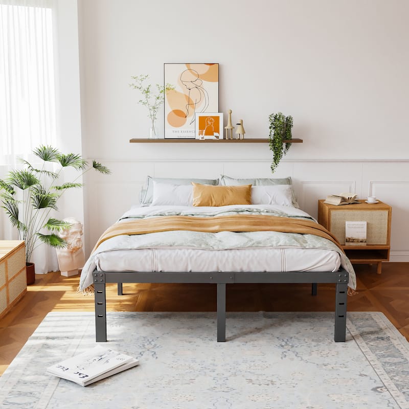 18 Inch Black Metal Platform Bed Frame With Wood Slats Support