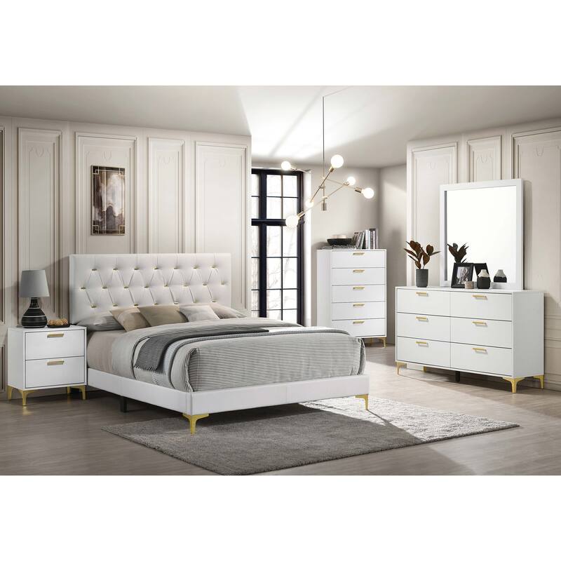 Queen Panel Bed with Tufted Headboard and Gold Accents