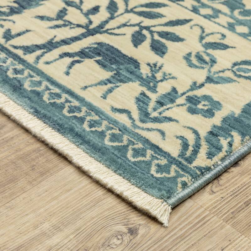 Style Haven Federica Bohemian Border Ivory/Blue Fringe Edge Area Rug