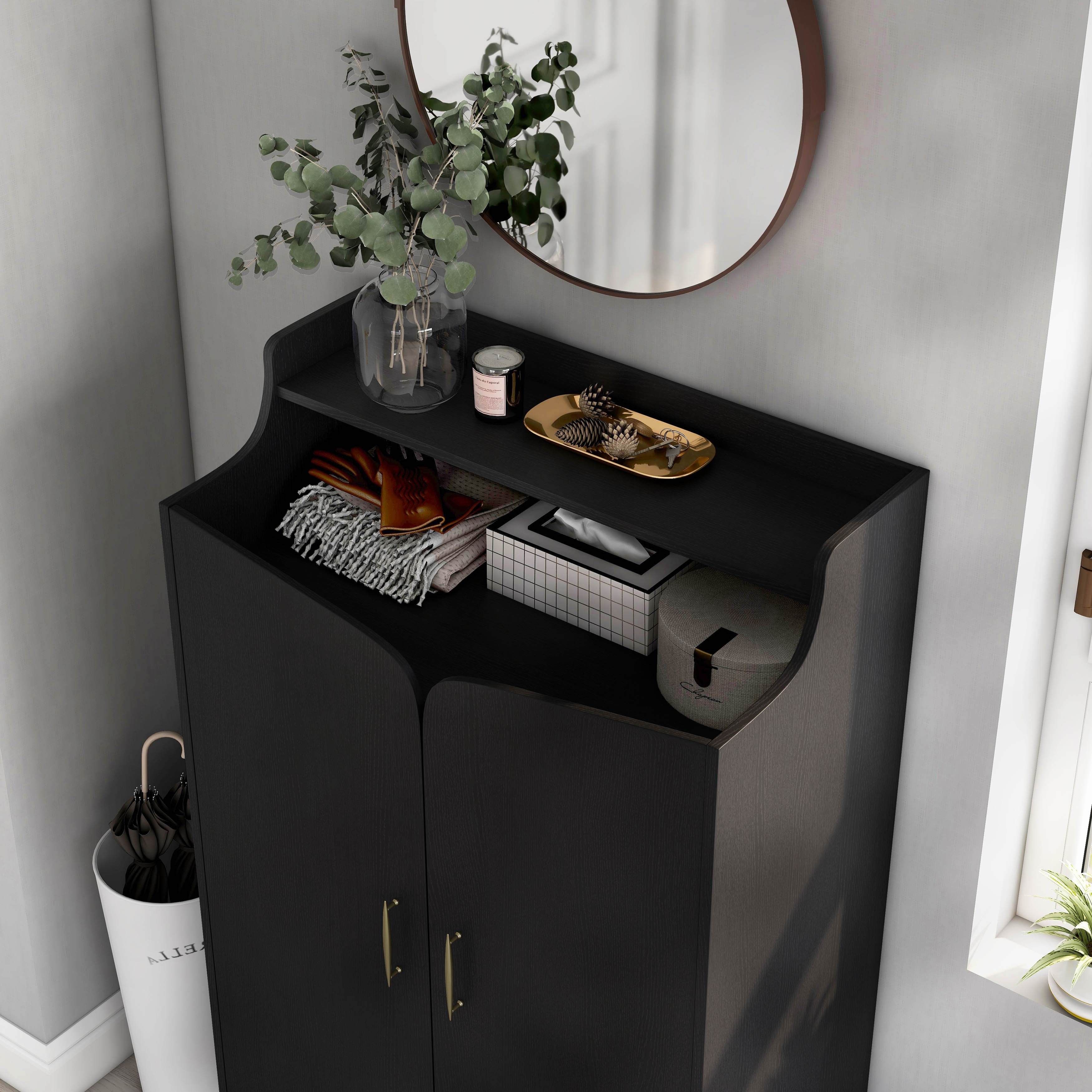 DH BASIC Chic Mid-Century Modern Black with Gold 15-Pair Double-Door Shoe Cabinet by Denhour
