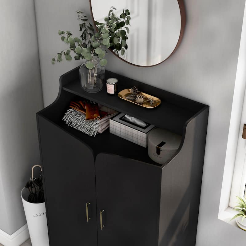 DH BASIC Chic Mid-Century Modern Black with Gold 15-Pair Double-Door Shoe Cabinet by Denhour