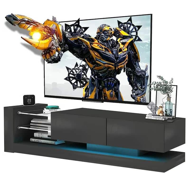 70"W Modern LED TV Stand, 2 Cabinets, 2 Glass Shelves, Outlet - 70.8"L x 14.96"W x 14.96"H - Black