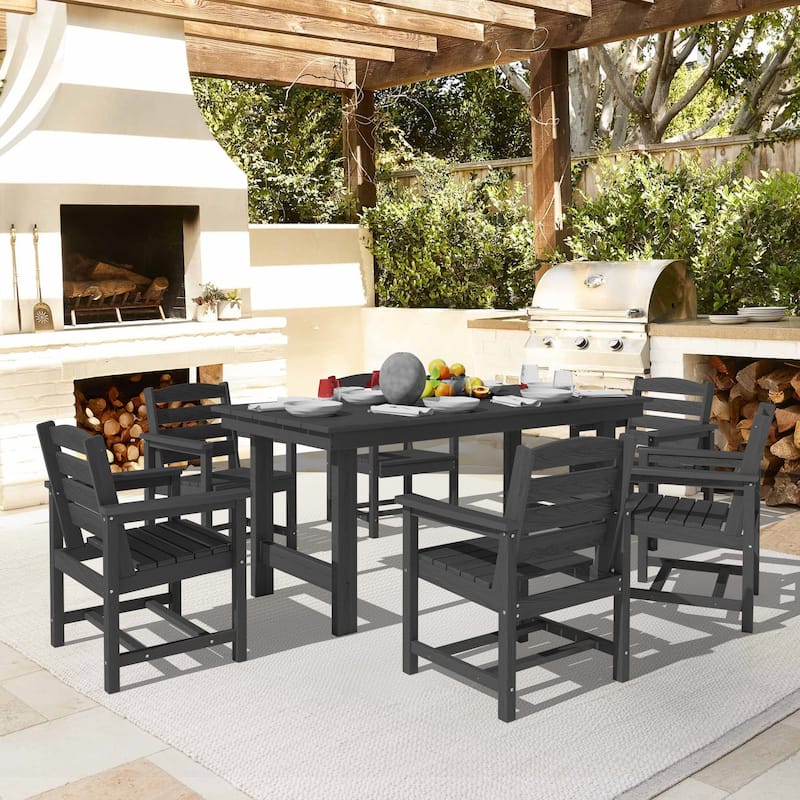 7-Piece HDPE Outdoor Dining Table Sets with Umbrella Hole - 1-Table 6-Chairs