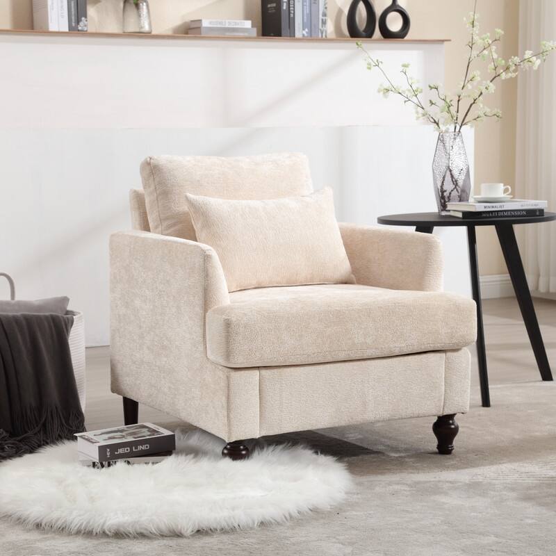 Mid Century Modern Chenille Fabric Armchair with Solid Wood Frame