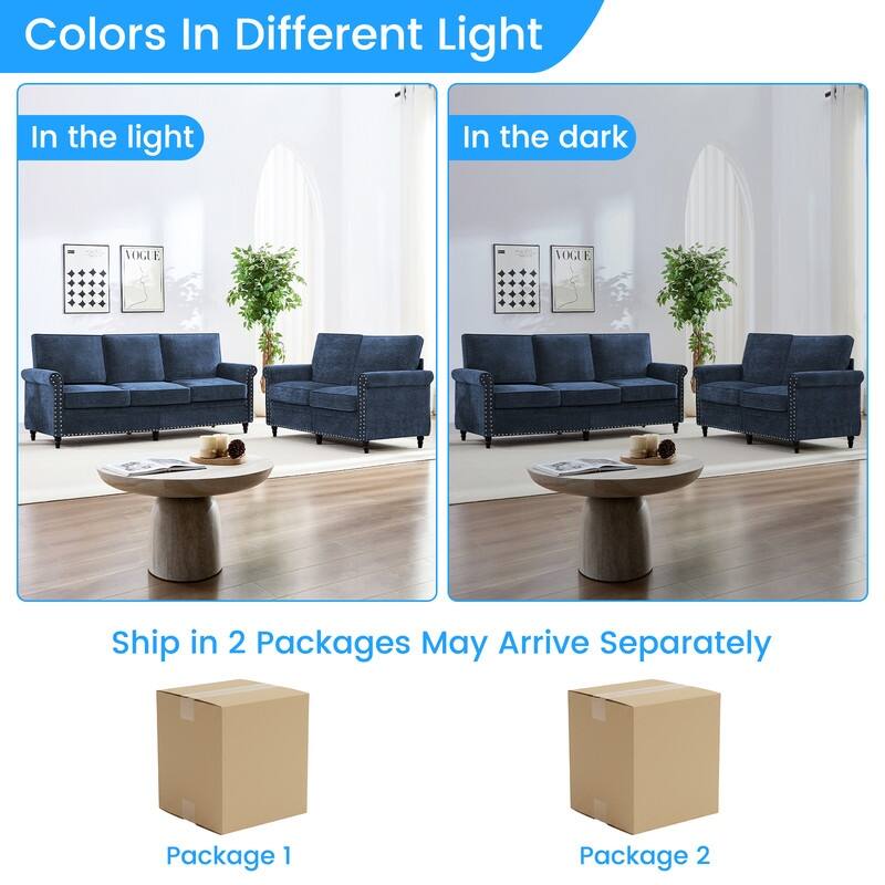 Mixoy 2 Piece Living Room Sofa Set with Riveted Design,Chenille Nailhead W76''3-Seater Sofa Couch with W53''Loveseat Sofa