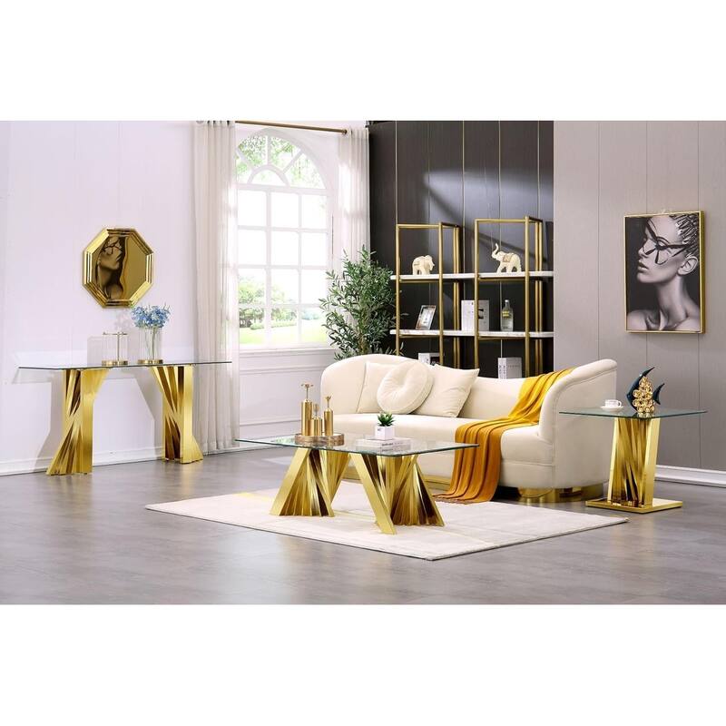 Luxury and Modern Glass End Table with 24 Inch Square Glass Top and Stainless Steel Geometric Base