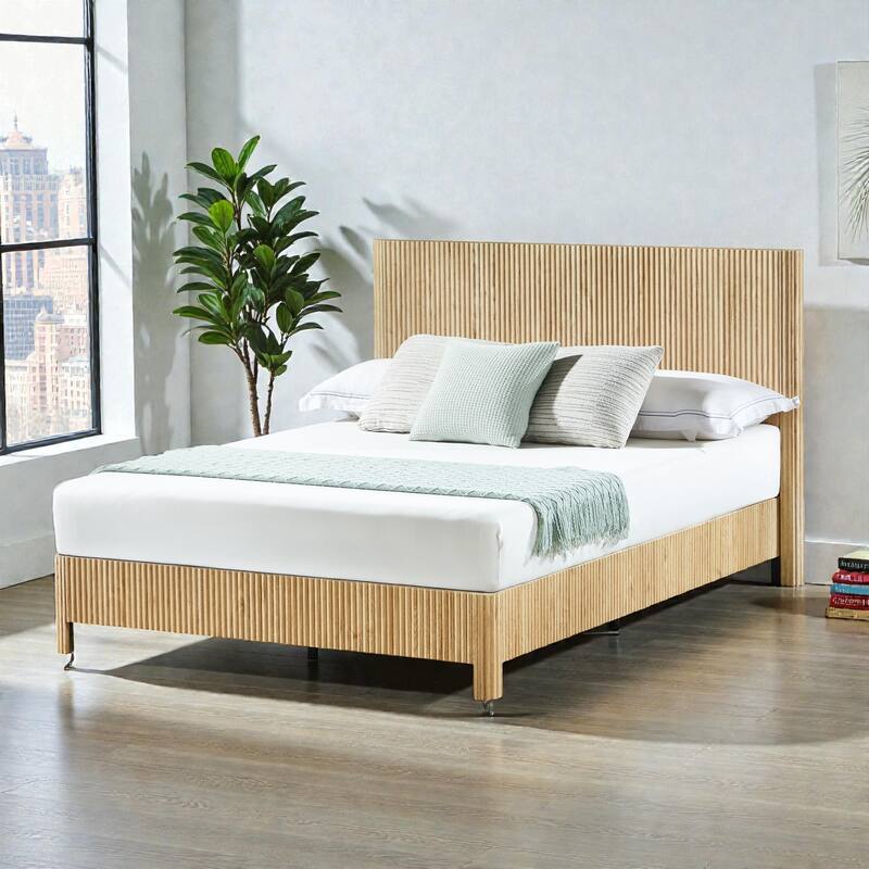 Wood Bed Frame with Corrugated Curved Wood Panels, Heavy Duty Metal Support, No Box Spring Needed - Oak - Queen