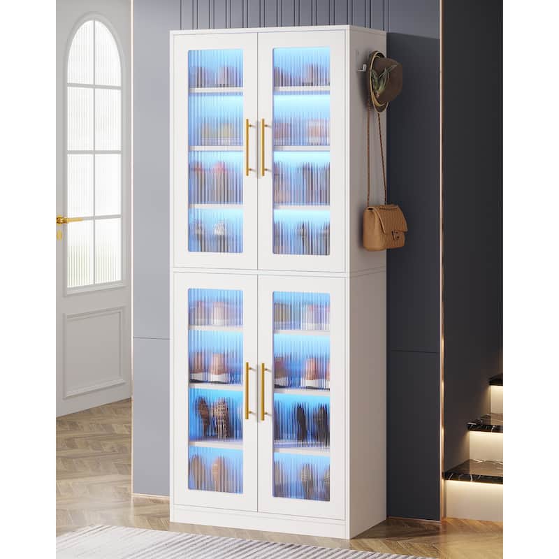 Modern Tall Entryway Shoe Storage Cabinet with Acrylic Doors and LED Light - 8-Tier