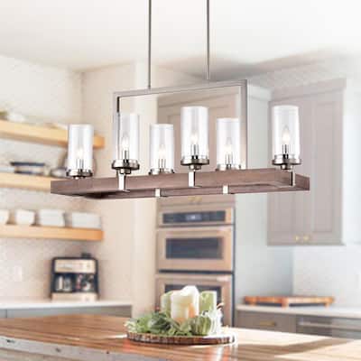 Wood and Metal 6-light Linear Chandelier with Seeded Glass Shades Nickel / Driftwood
