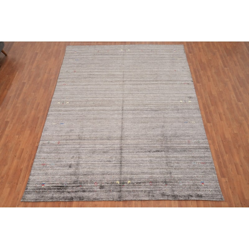 Hand Knotted Oriental Viscose Silk Carpet Tribal Animal Pictorial Greys & Charcoal Gabbeh Area Rug - 12' 0'' X 8' 11''