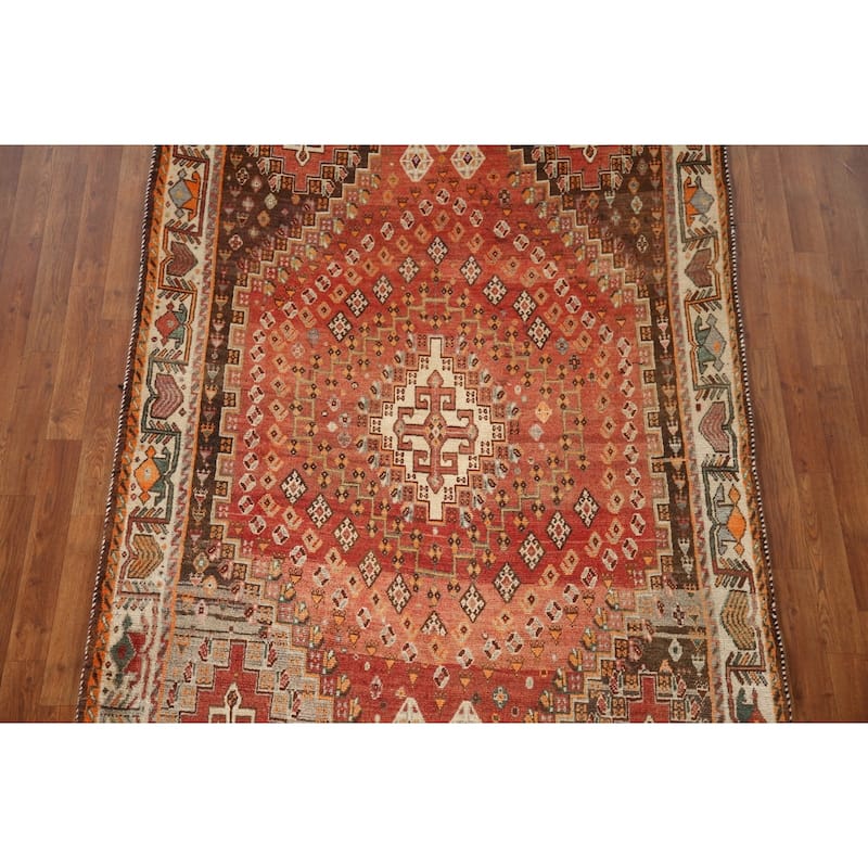Geometric Shiraz Persian Vintage Area Rug Handmade Orange Wool Carpet - 5'0"x 8'9"