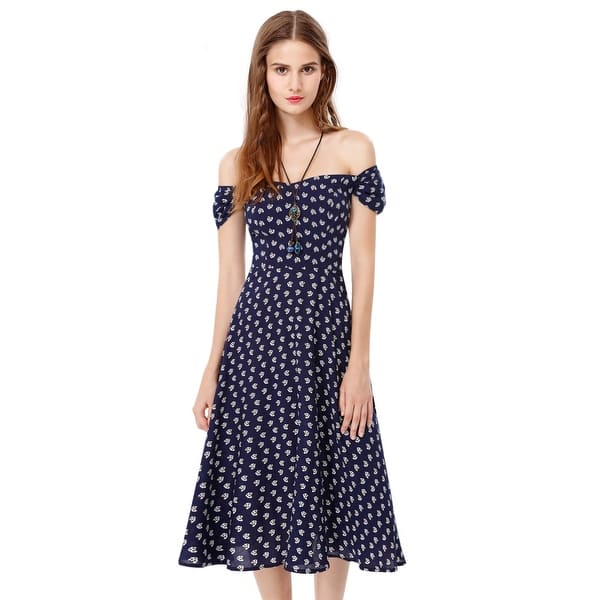 Shop Off The Shoulder Printed Short Sleeve Casual Tea Length Dress