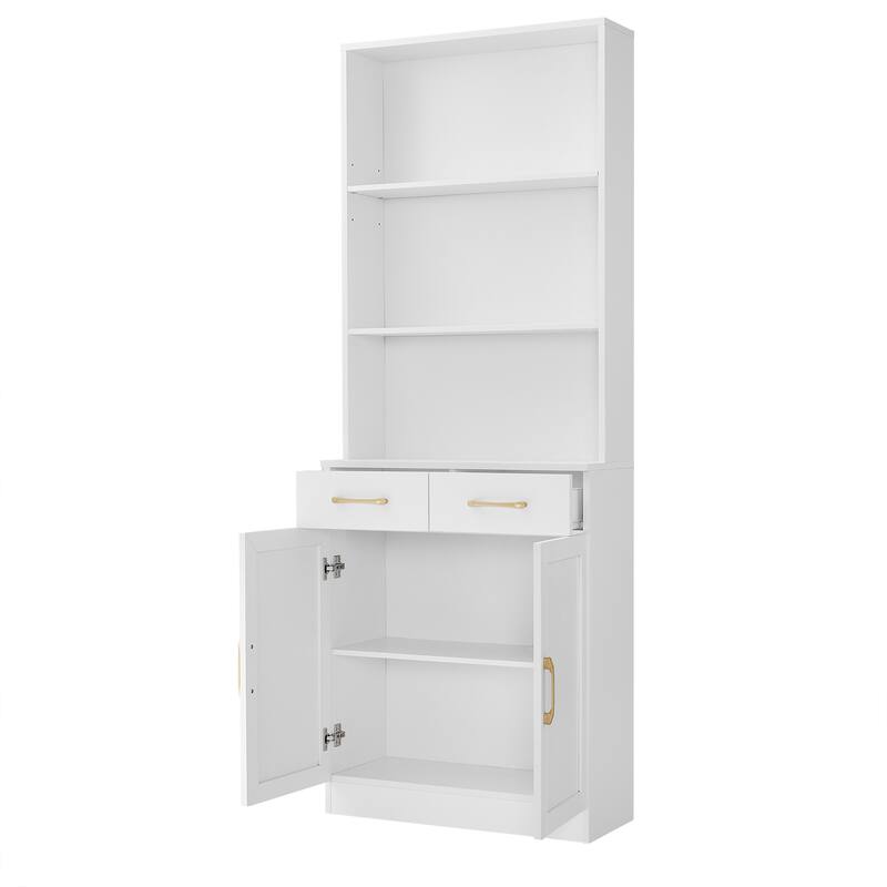 Storage Cabinet for Bathroom, 2 Doors Wooden Cabinet with 2 Drawers Three-layer Open Shelf, Bathroom Floor Cabinets