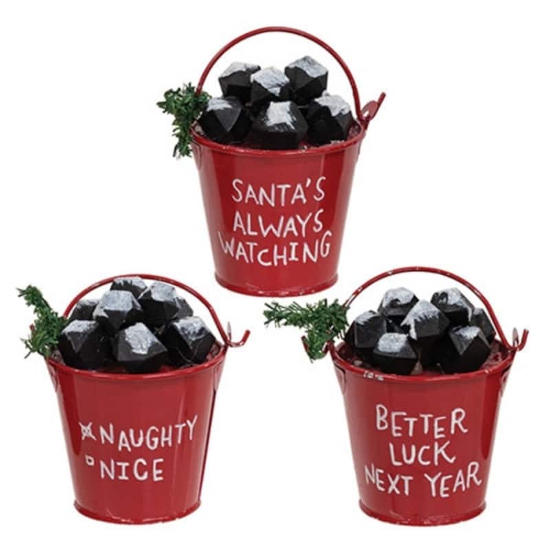 Red Metal Christmas Buckets with Coal Accents Swing Handles and Decorative Text 3 Asstd. - 3" H x 2.5" Dia