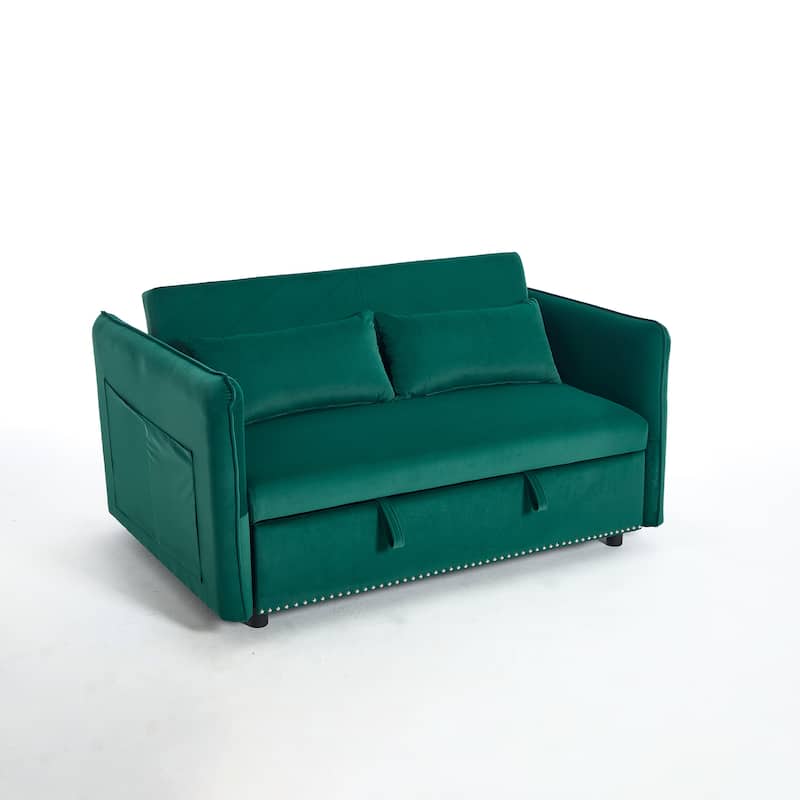 Small Convertible Sofa Bed, 55" Velvet Loveseat Couch with Pull-Out Bed, Pillows, Adjustable Backrest & Side Pockets