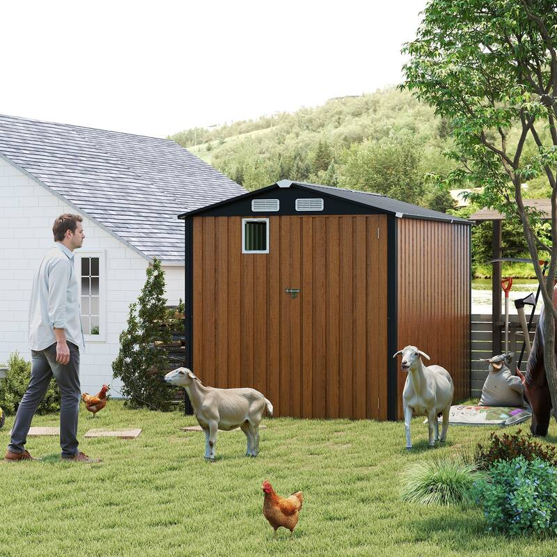 6x8FT Outdoor Steel Storage Shed with Clear Window, Lockable Doors, Compact Metal Tool Shed for Garden