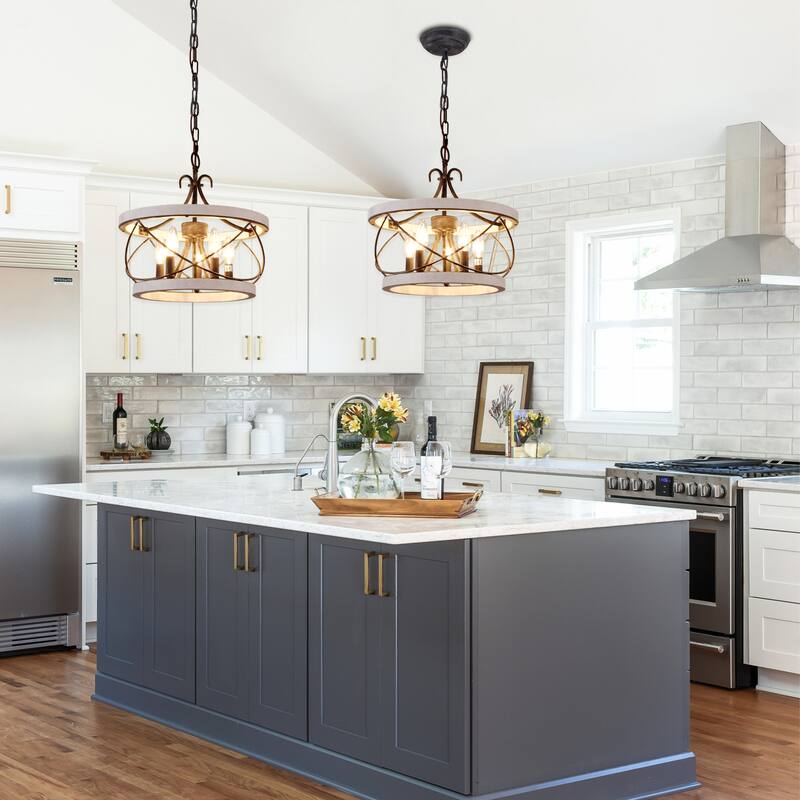 Cusp Barn 15.7 Inch Farmhouse Drum Wood Chandelier, 5-Light Rustic Over Table Chandelier Light Fixtures for Kitchen Island Foyer
