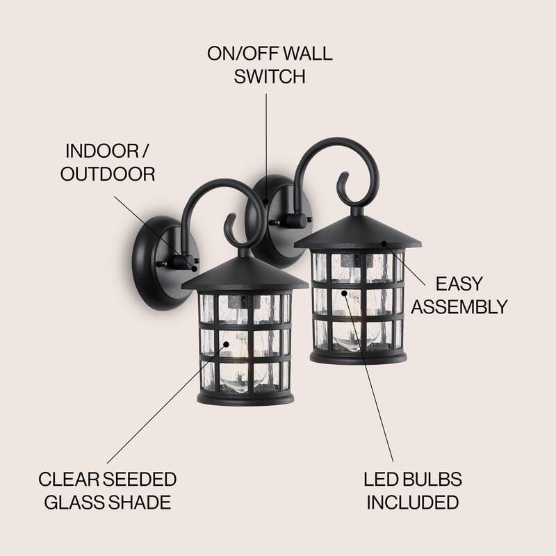 Plains 6" 1-Light Iron/Seeded Glass Cottage Rustic Scrolled Lantern LED Outdoor Lantern, Black (Set of 2) by JONATHAN Y