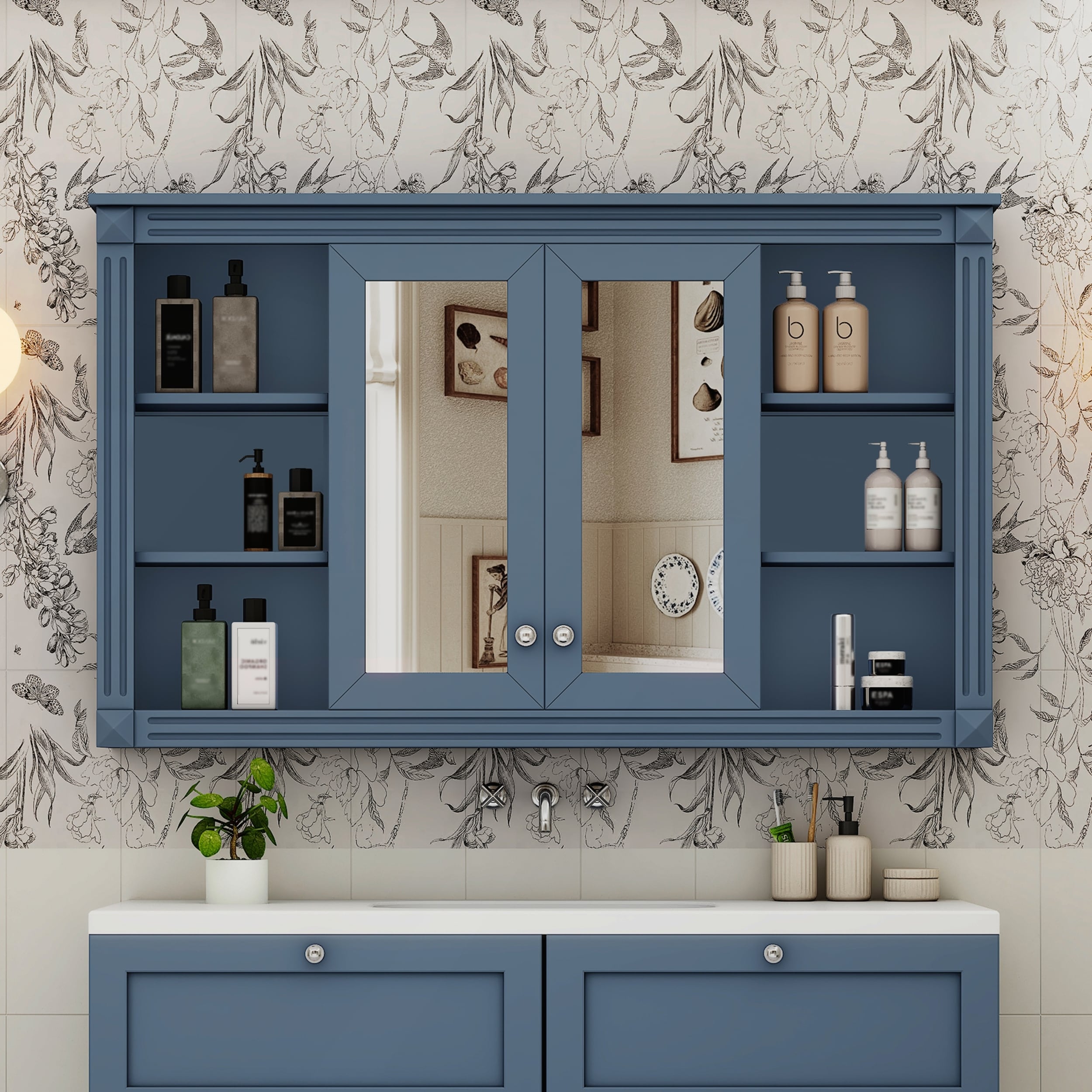 47 Inch Bathroom Mirror Cabinet with Storage, Adjustable Shelf, and Open Shelves for Enhanced Organization and Style