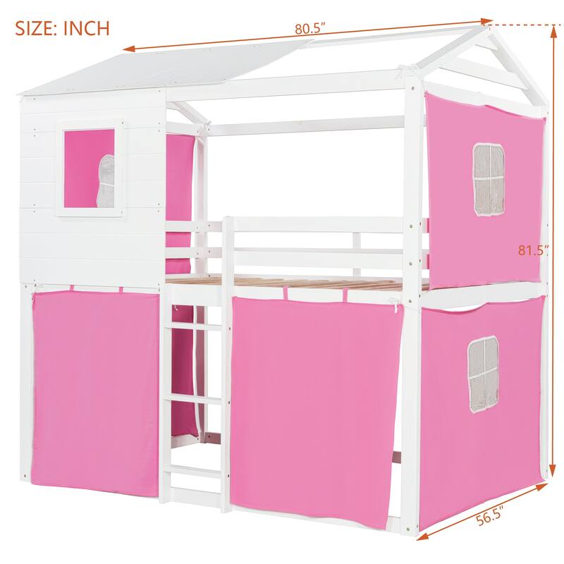 Playhouse Bed Floor Bunk Bed Kids Loft Bed with Tent