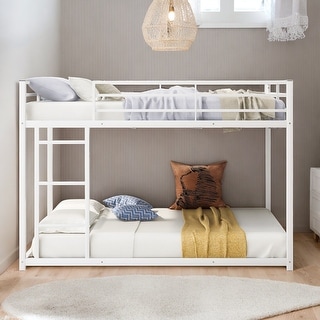 Modern Full over Full Metal Bunk Kids Bed with Sturdy Frame, Built-in Ladder, Safety Guardrails for Space-Saving, White