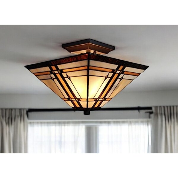Homeroots Brown and Amber Tiffany Style Mission Semi Flush Dimmable Ceiling Light 14 x 12 x 14