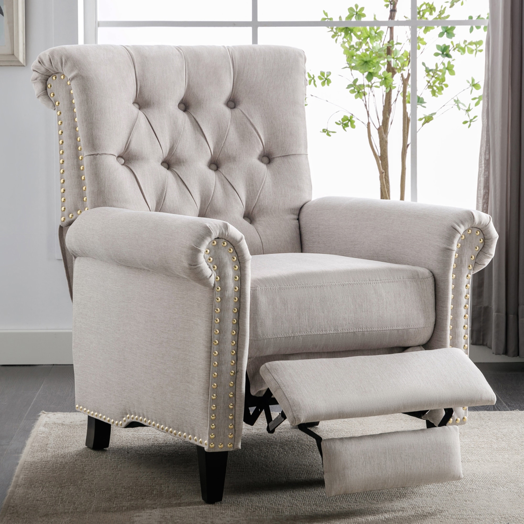 Pushback Linen Tufted Recliner Single Sofa with Nailheads Roll Arm