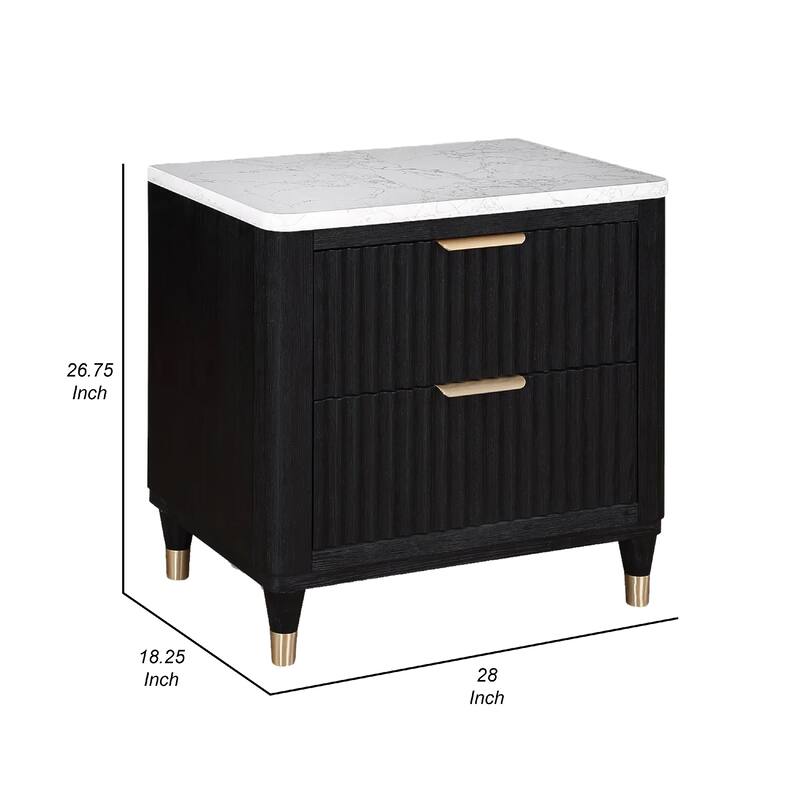 Frey Nightstand with 2 Drawers, White Faux Stone Top, Brass Legs, Black