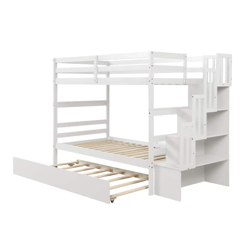 Twin over Twin Bunk beds With Twin Trundle and Stairway Storage Function in White color