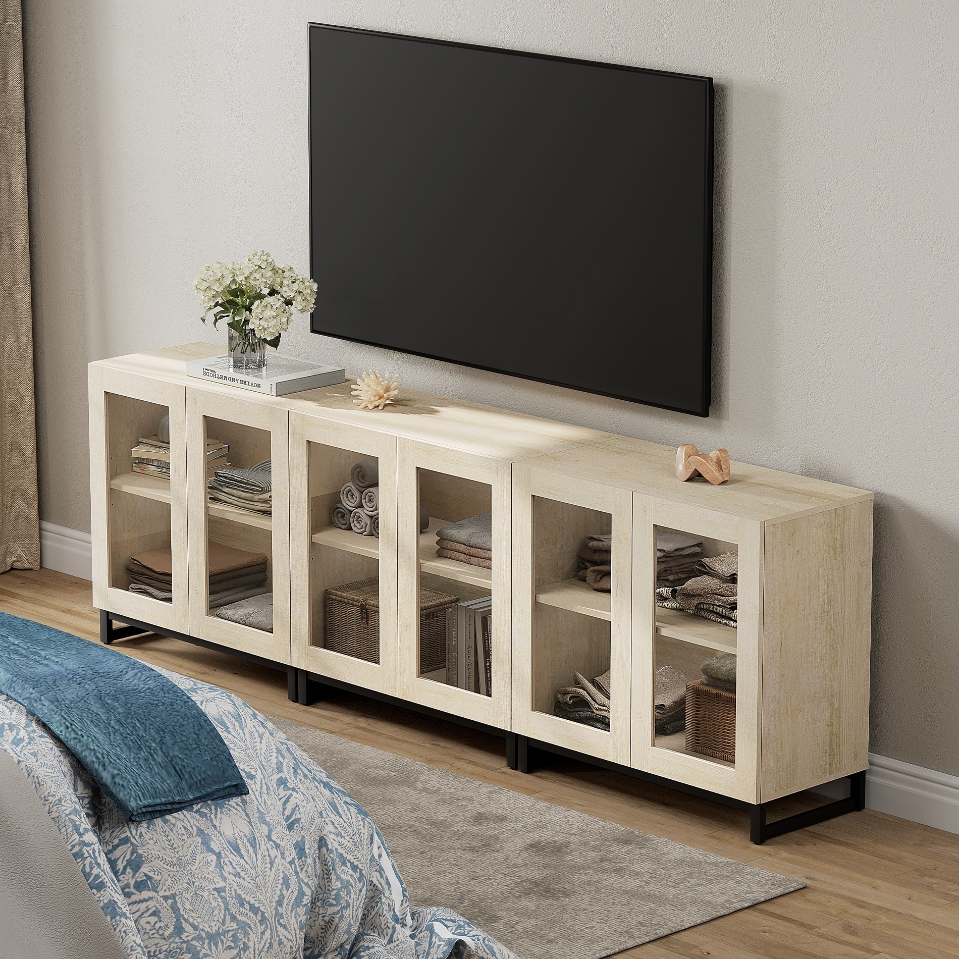 WAMPAT Modern TV Stand with Glass Doors for 110 inch TVs, Entertainment Center Console with Adjustable Shelves and Metal Base