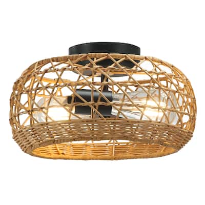 2-Light Rattan Semi-Flush Mount Ceiling Light