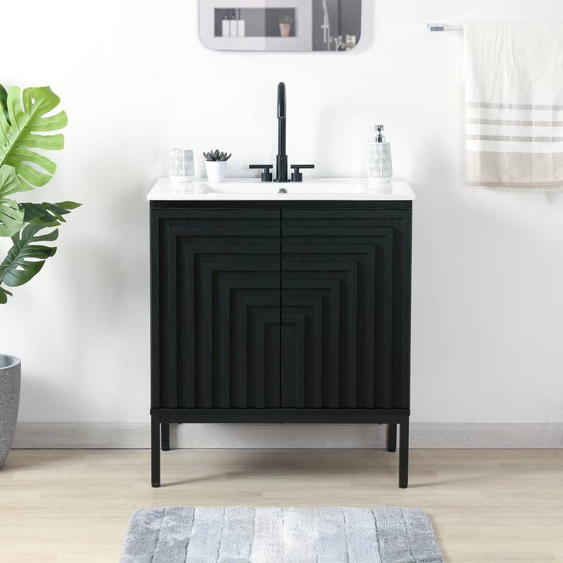 Rowan Geometric Modern Transitional 2-Shelf Bath Vanity Cabinet Only (Sink Basin Not Included), By JONATHAN Y - Black - 30"W x 18"D x 33"H