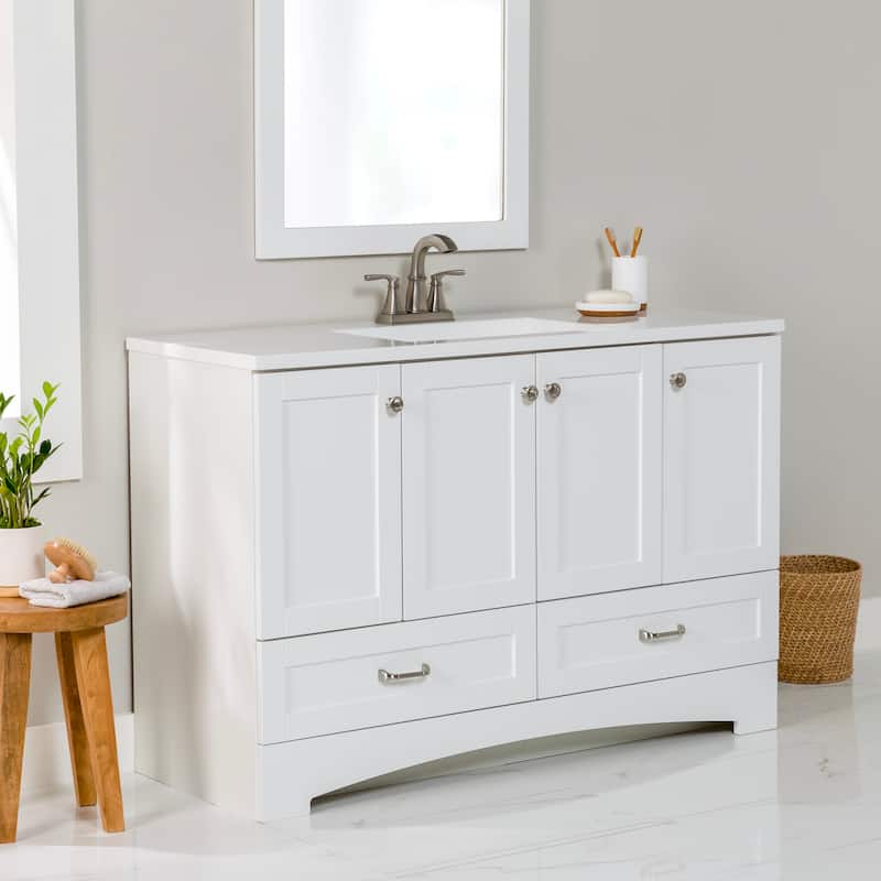 Spring Mill Cabinets Emlyn 48.5" Bathroom Vanity With Shelves, Drawers, and White Sink Top - White