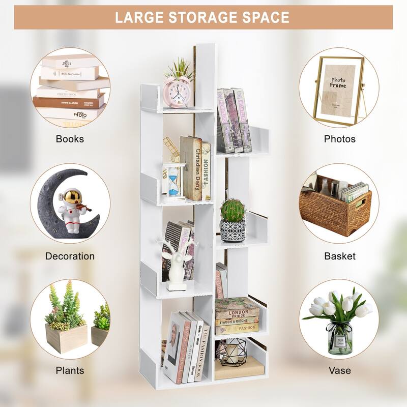 Wooden Tree Bookcase with 8 Book Shelves Freestanding Room Dividers, Floor Standing Storage Rack, Display Shelf