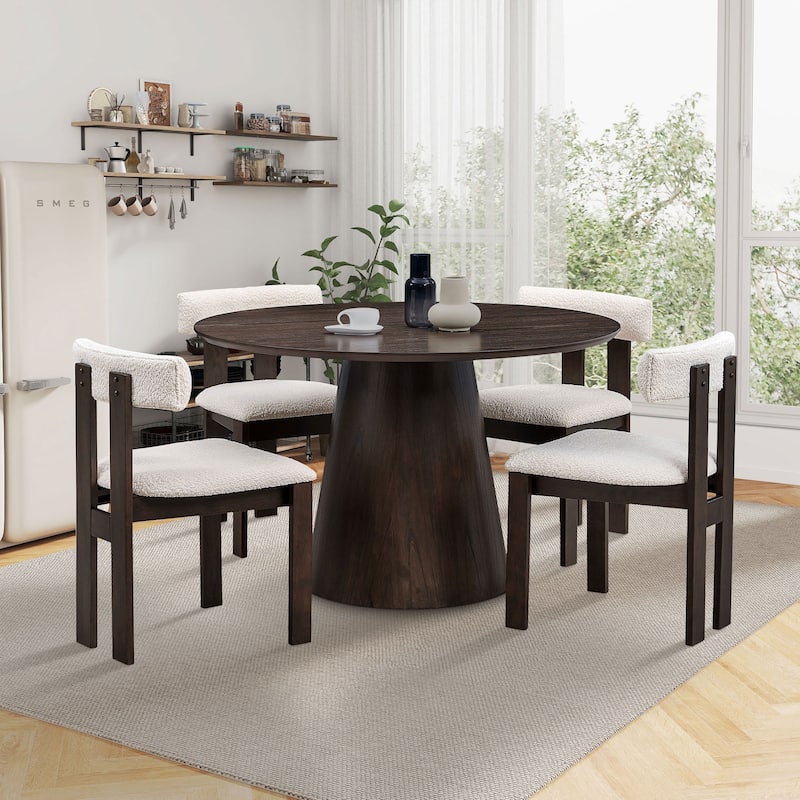 2 PCS Wooden Dining Chairs, Modern Boucle Upholstered Mid Century Side Chairs with Open Back