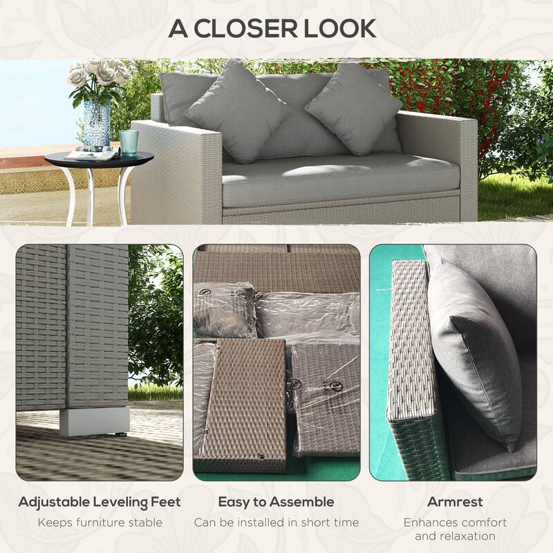 Outsunny Outdoor Wicker Loveseat, Patio Furniture Couch with Cushions, 2 Seats PE Rattan Sofa, 2 Throw Pillows