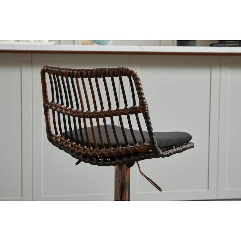Set of 2 Vintage Rattan Bar Stool, 360° Swivel Seat Chair with Metal Base, Adjustable Height Counter Height Chair with Footrest