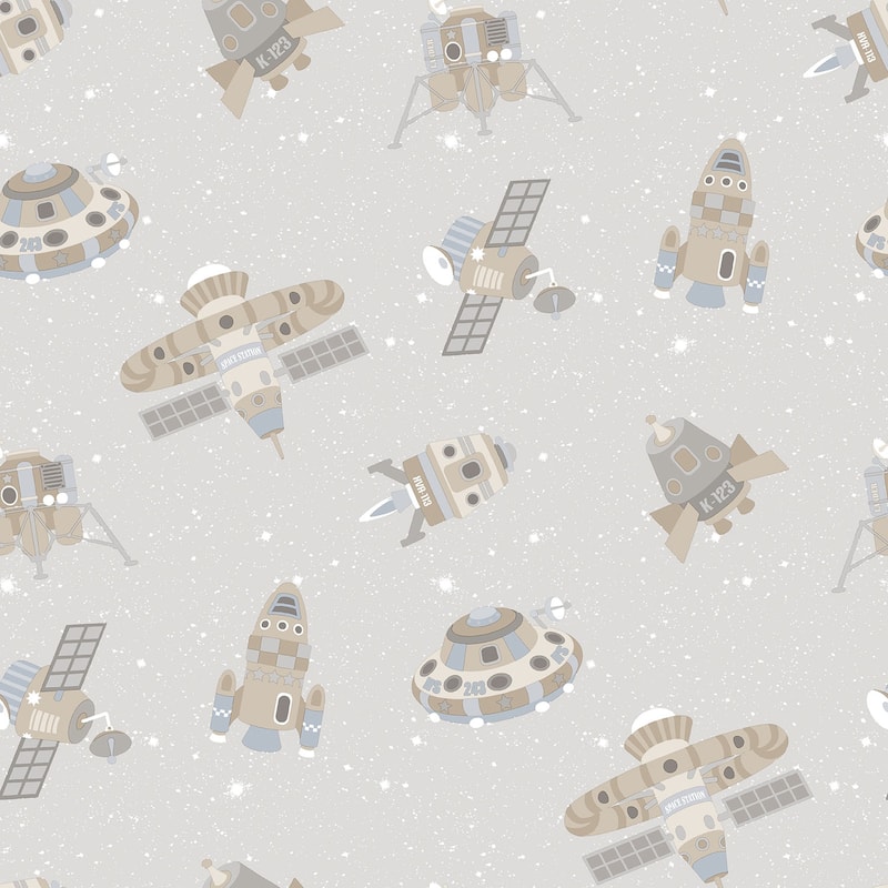 Galerie Wallcoverings Tiny Tots 2 Spaceships Non-woven Glittery Wallpaper Roll - 33 feet x 21 inches - Greige/Tan/Glitter