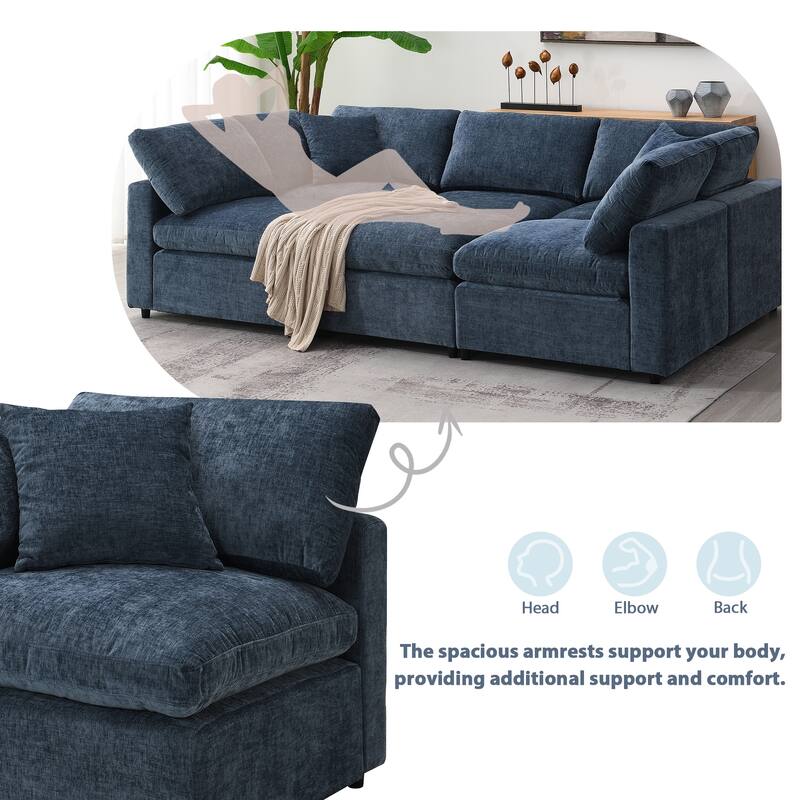 Modular 6-Seat Chenille Sectional Sofa Bed with Ottoman, Convertible U-Shape,Dark Blue