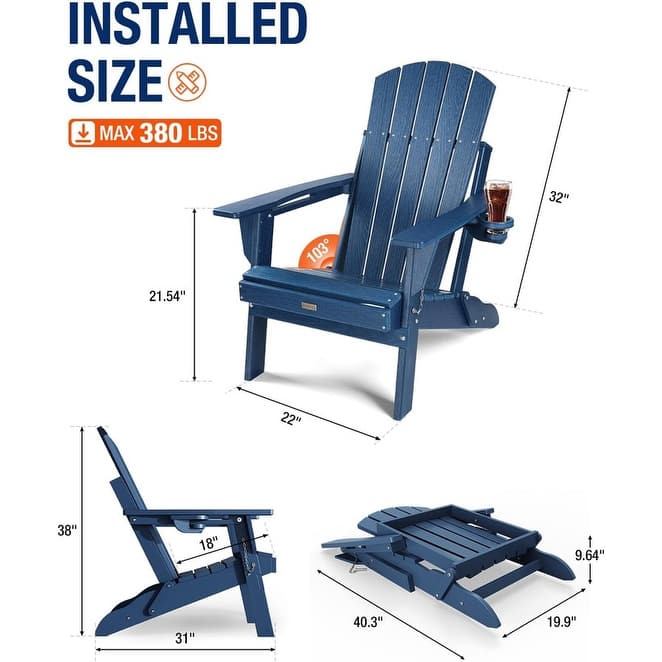 WINSOON All Weather HDPE Outdoor Folding Adirondack Chair With Cup Holder,Set of 2