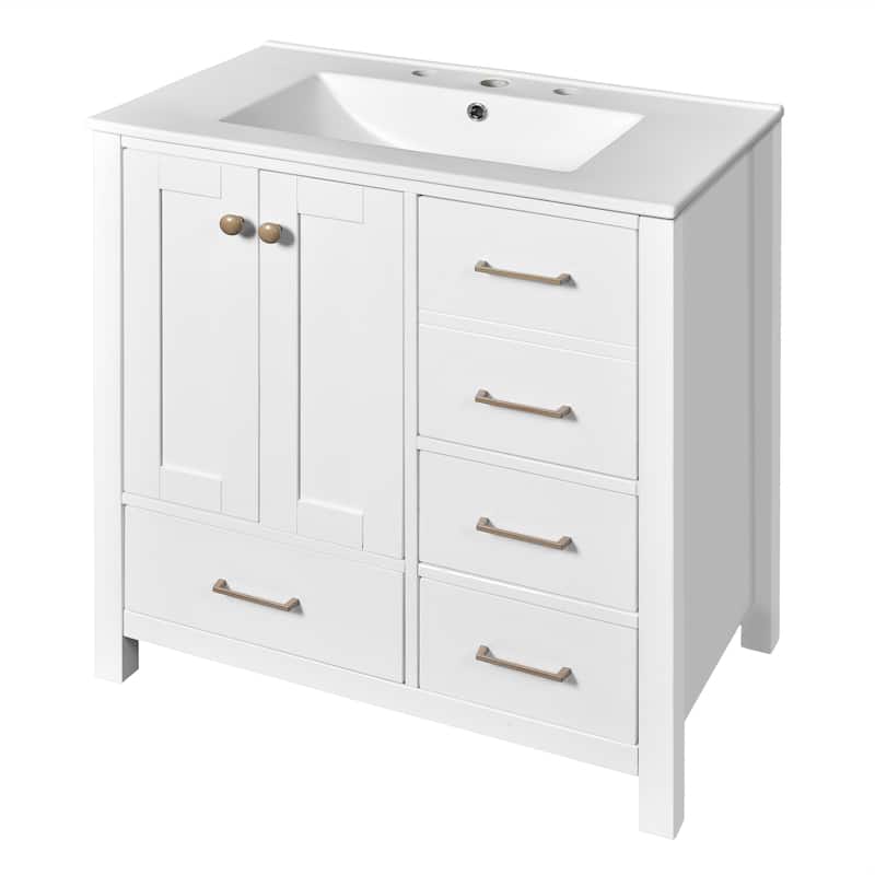 24'' Freestanding Bathroom Vanity in White with White Integrated Ceramic Sink - 30'' x 18.3'' x 33.8''